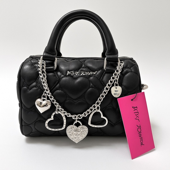 BETSEY JOHNSON Quilted Heart Satchel Bag Skull Charm Chain Black Crossbody Purse - Picture 1 of 11